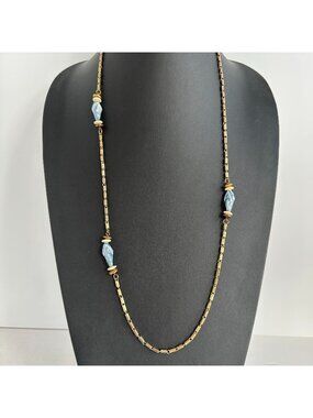 Art Deco Gold Tone Bar Link Necklace Blue Marbled Glass Beads Shell Spacers 32"
